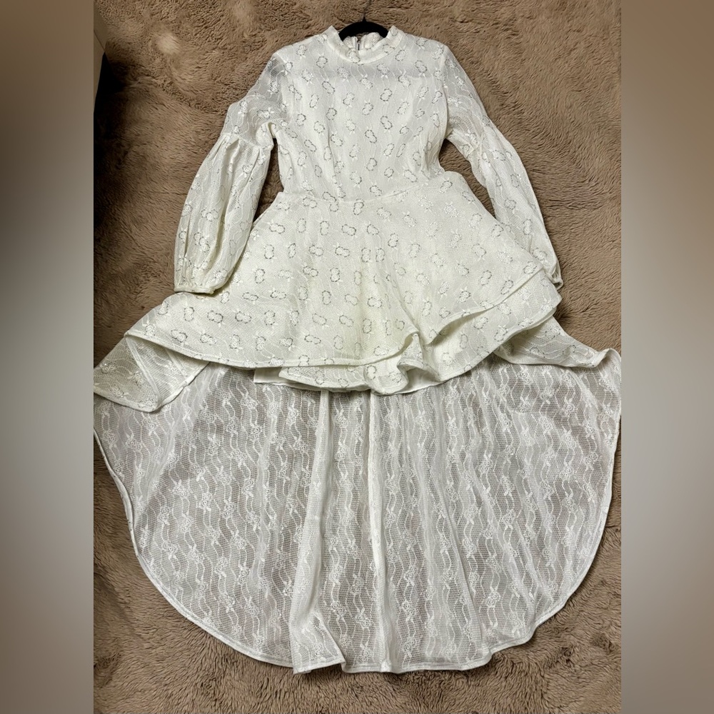 Cream w/ silver detail Lace High-Low Dress – Plus Size Elegant Party Dress (XL)